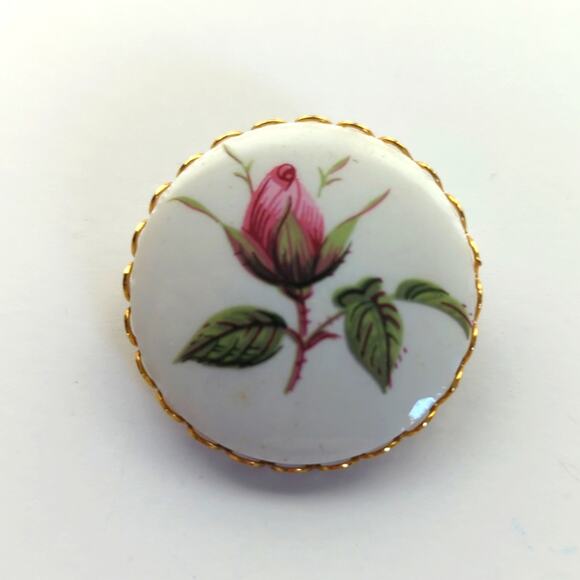 Vintage Romantic Ceramic Painted Rosebud Cameo Cottagecore Brooch - Picture 4 of 4
